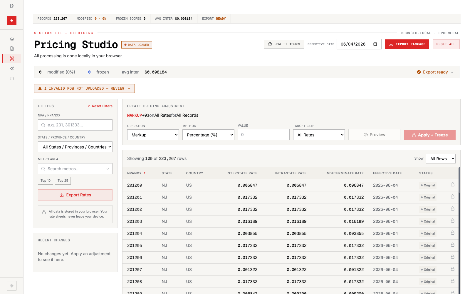 Pricing Studio repricing 223,267 US NPANXX rows by percentage with an effective date, in the browser